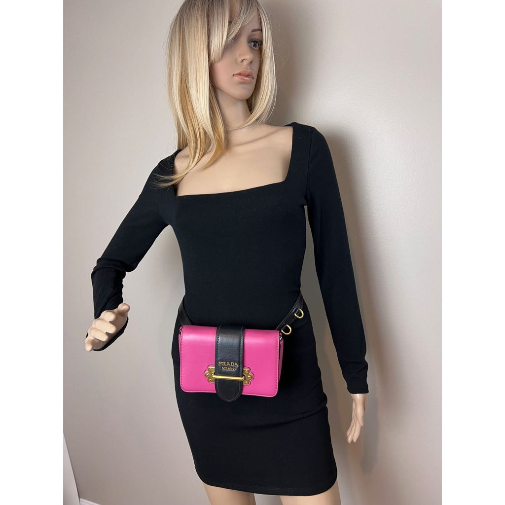 Túi đeo chéo Prada City Calf Cahier Pink Black Leather Belt Bag