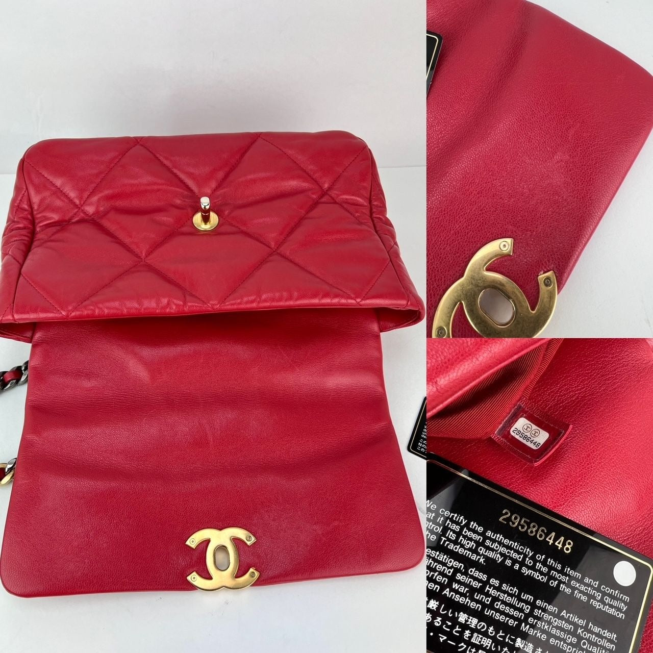 Túi xách Chanel 19 cỡ lớn bằng da dê chần bông màu bạc và vàng đỏ
