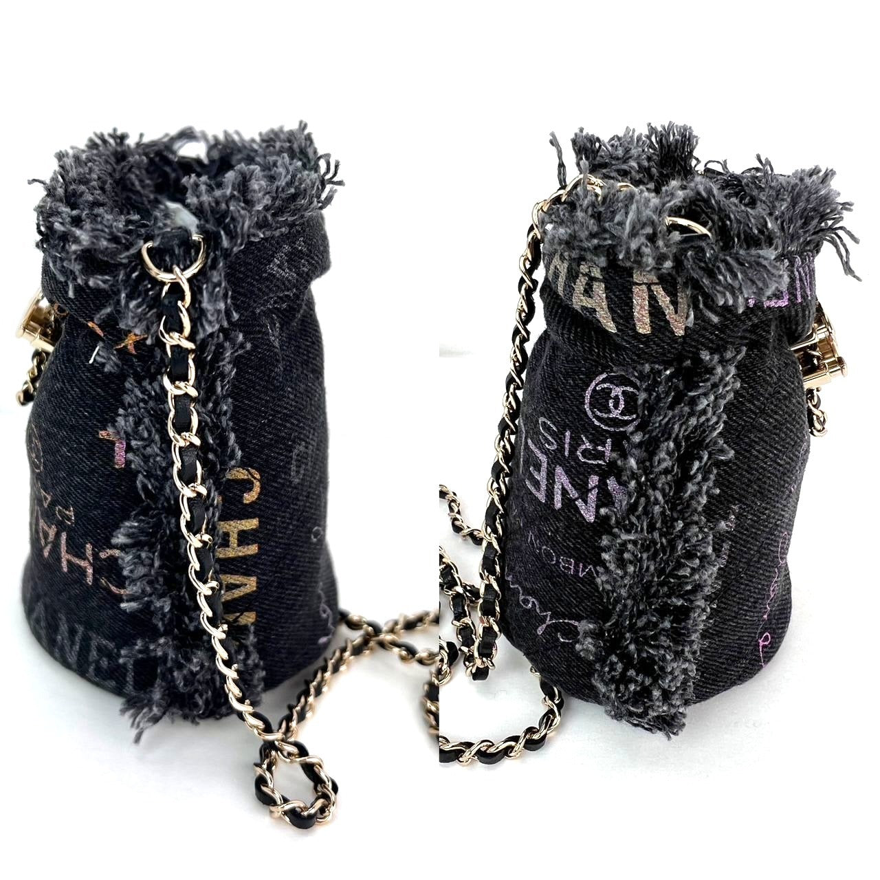 Xô mini Chanel Denim Quilted Mood kèm dây xích màu đen