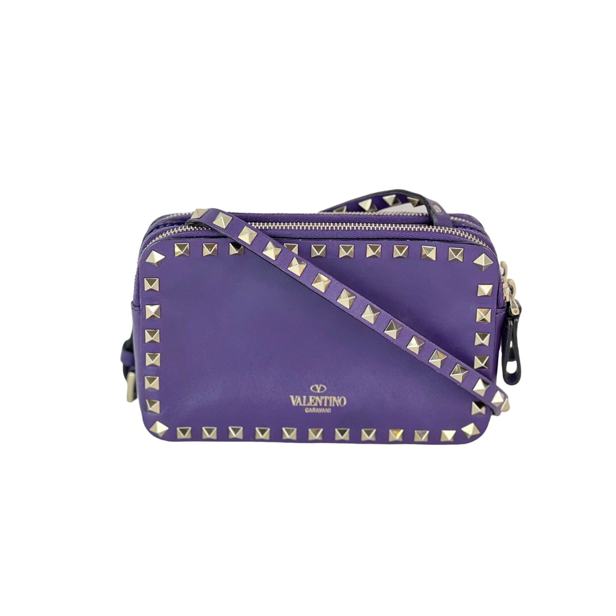 Túi đeo chéo da màu tím Valentino Rockstud Double Zip