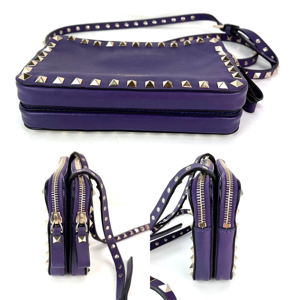 Túi đeo chéo da màu tím Valentino Rockstud Double Zip