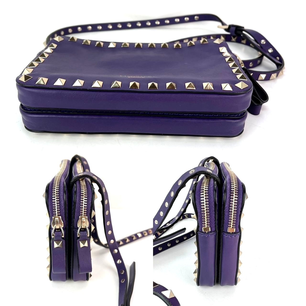 Túi đeo chéo da màu tím Valentino Rockstud Double Zip