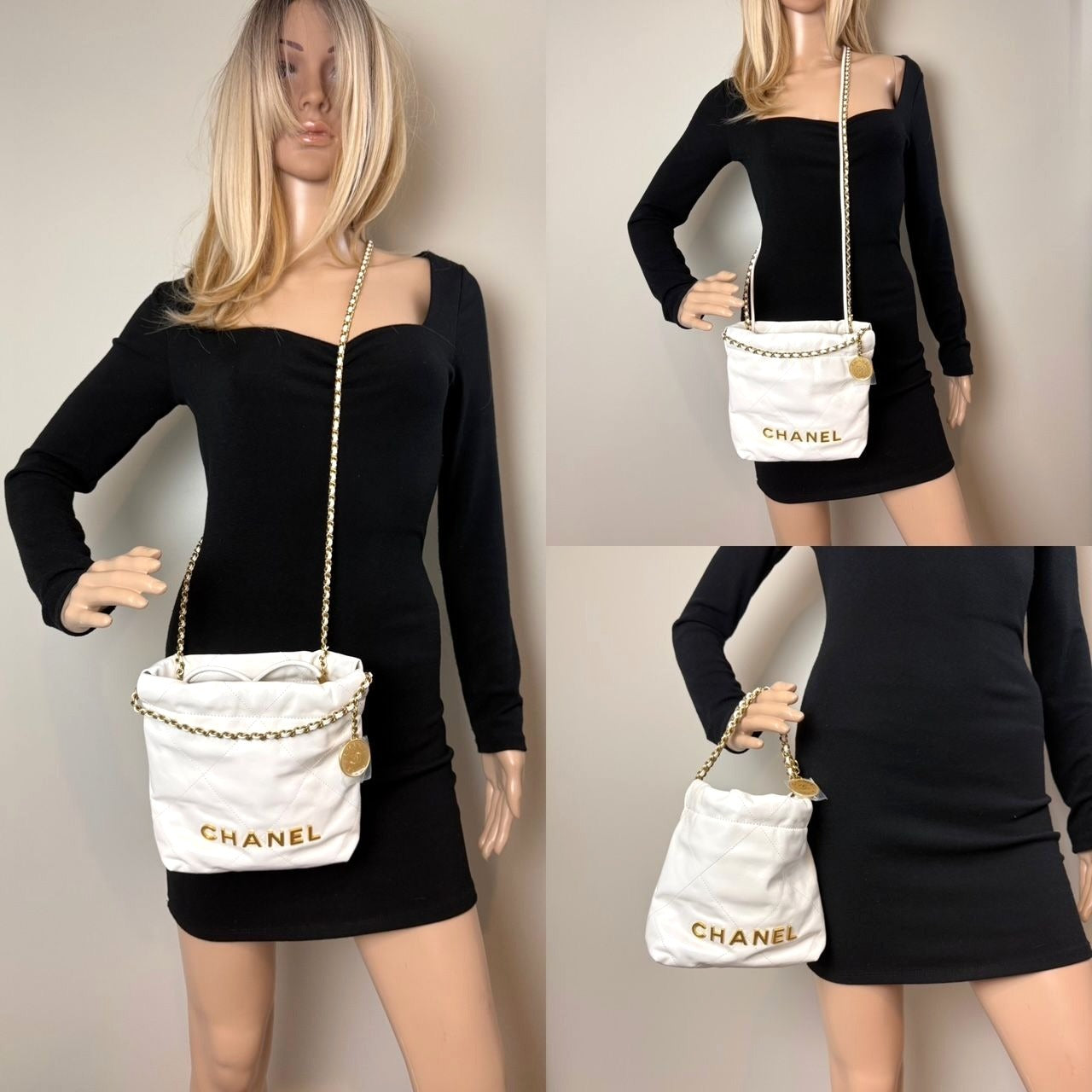Túi đeo chéo Chanel 22 Mini da bê bóng chần bông màu trắng