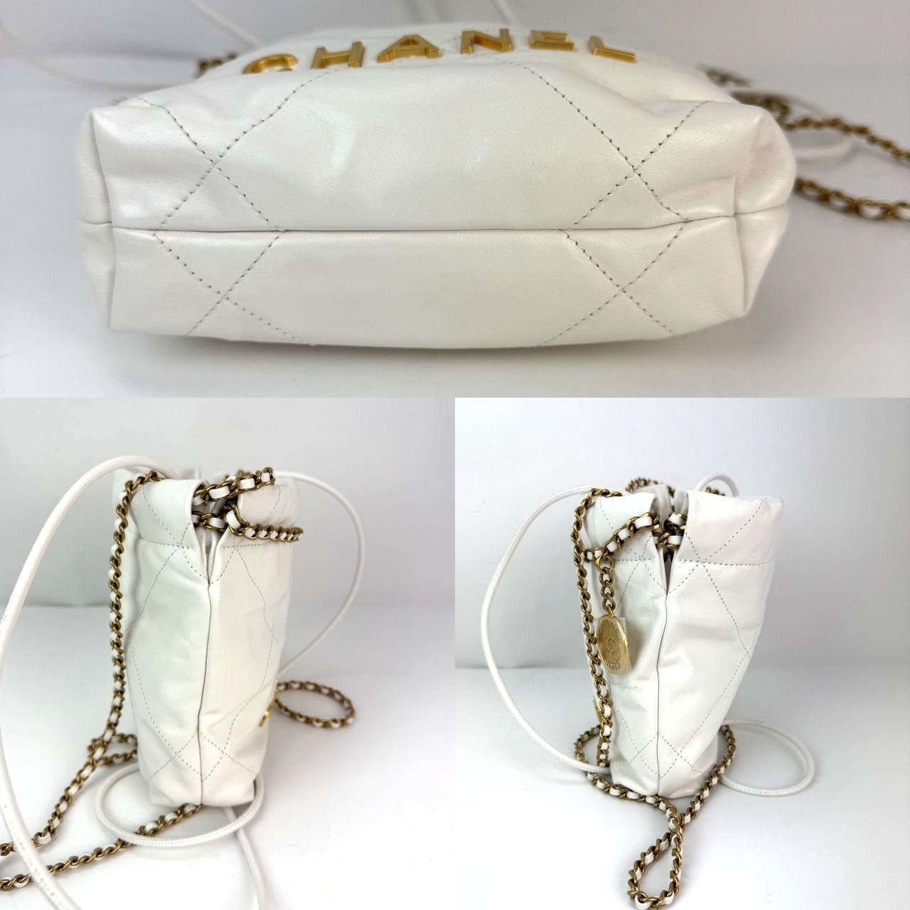 Túi đeo chéo Chanel 22 Mini da bê bóng chần bông màu trắng