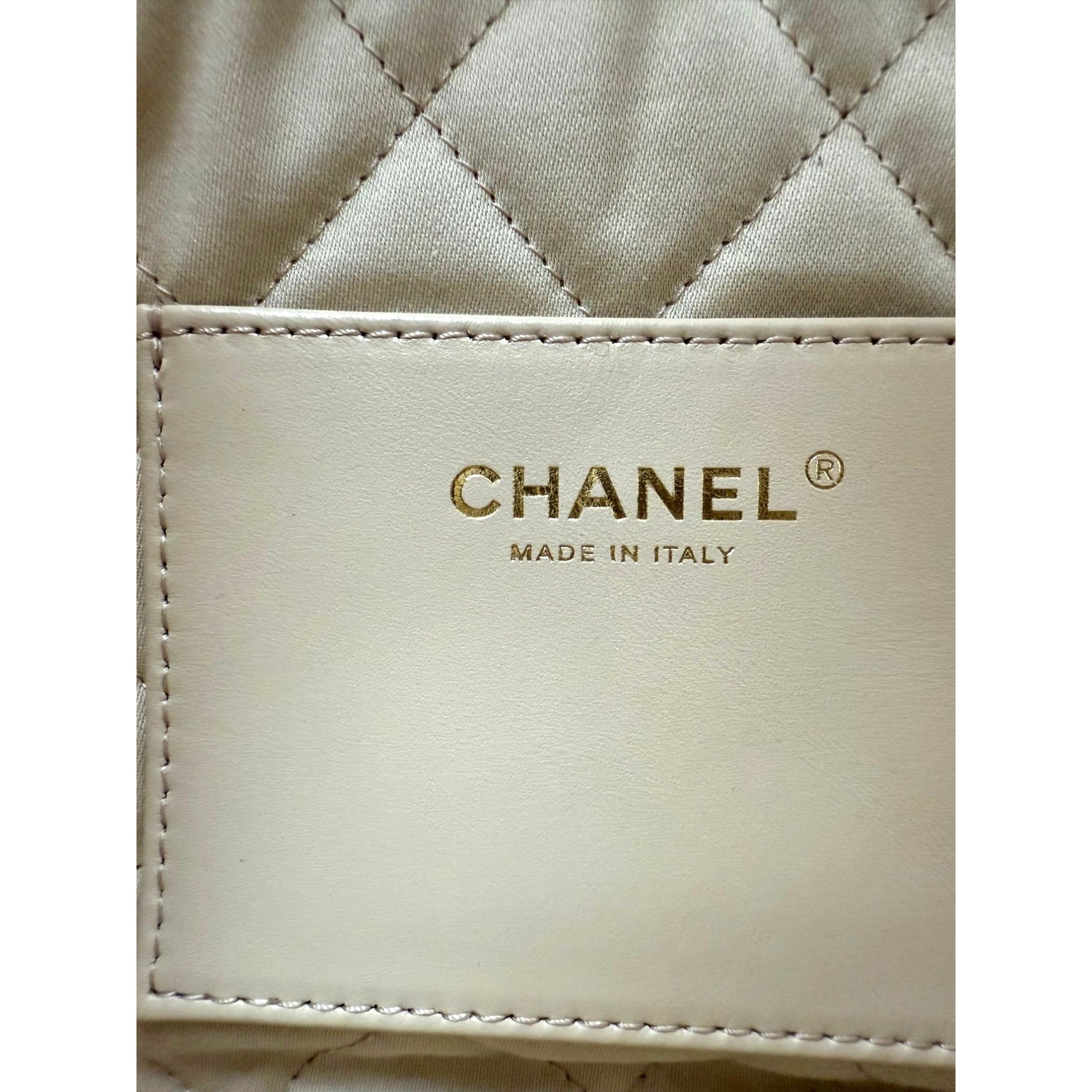 Túi đeo chéo Chanel 22 Mini da bê bóng chần bông màu trắng