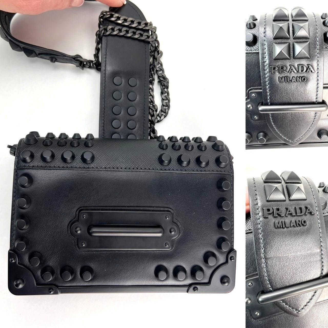 Túi đeo chéo Prada City Calfskin Saffiano Studded Cahier màu đen